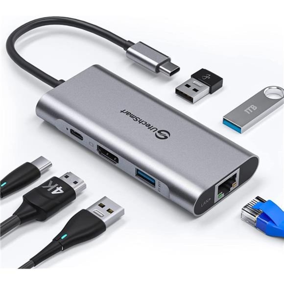 USB C Hub, 6 In 1 USB C to HDMI Adapter with 1000M Ethernet - Picture 1 of 5
